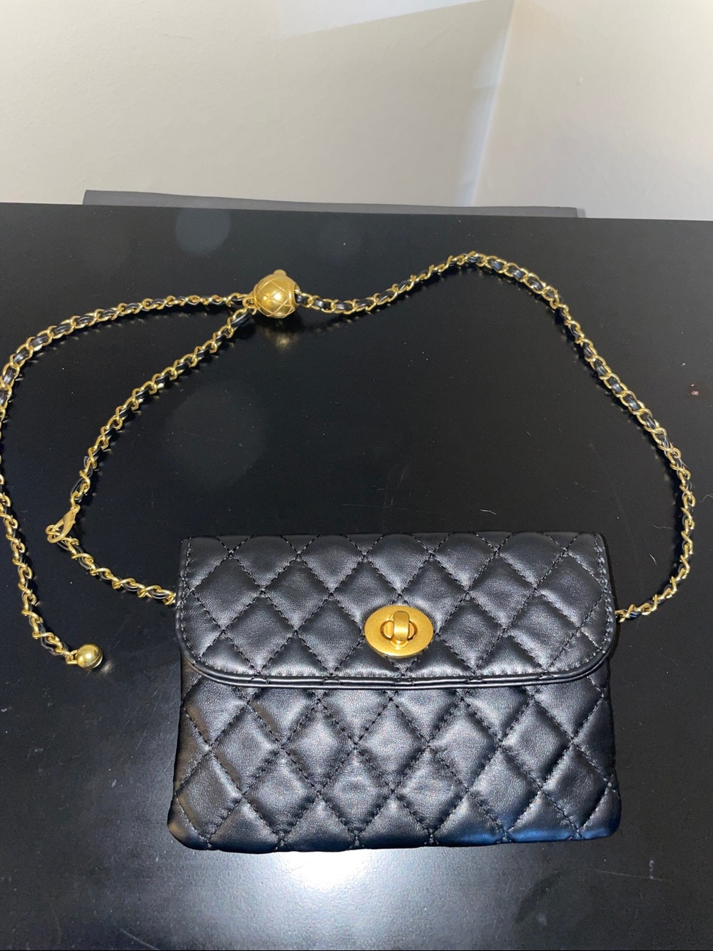 Black Quilted Crossbody Bag or Belt Bag with Gold Chain